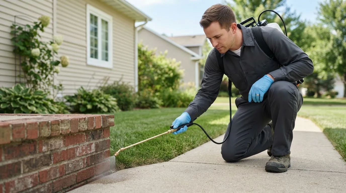 Pest control technician treating a home near Arcanum, OH