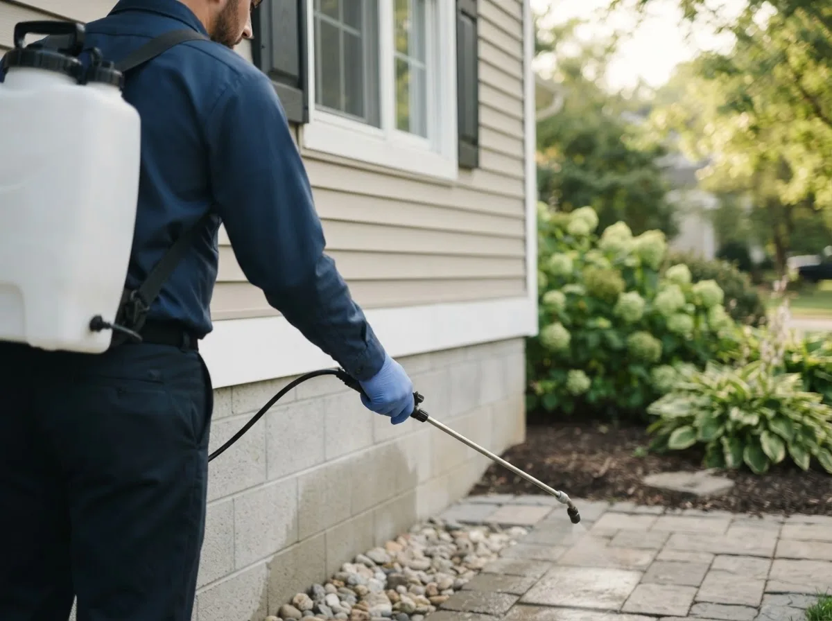 Pest control technician inspecting a home in Arcanum, OH